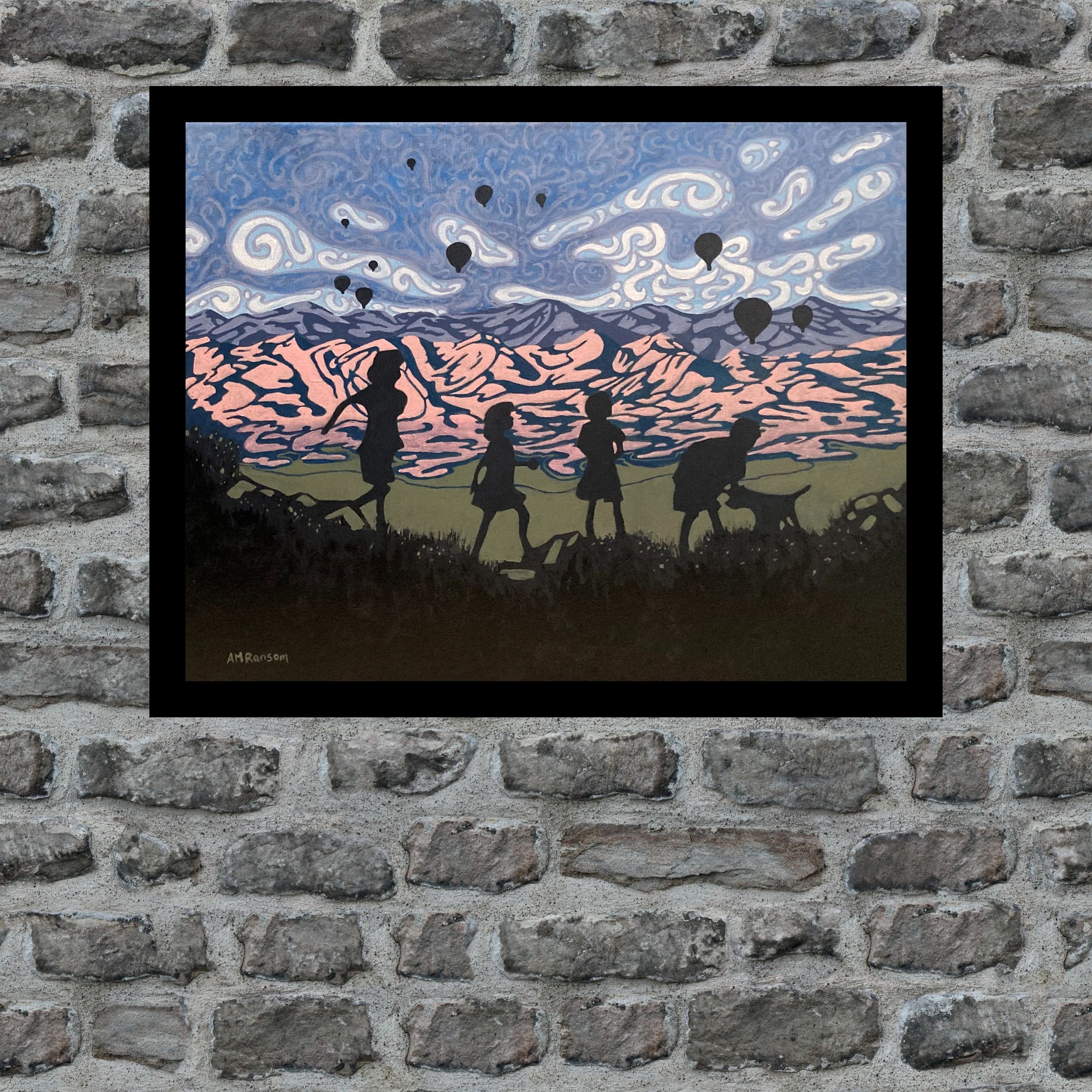 Original acrylic painting of children and Rocky Mountains by AM Ransom — framed mockup